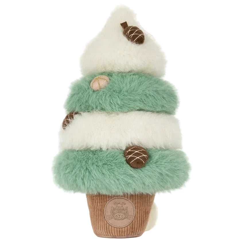 Jellycat Amuseables Pinecone Tree with alternating fluffy white and green tiers, decorated with small plush pinecones and a brown base, perfect for seasonal interior design.
