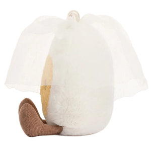 The Jellycat Amuseables Boiled Egg Bride is a plush toy adorned with a brown tail and draped in an elegant semi-transparent white mesh from the top.