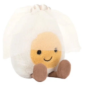 Meet the Jellycat Amuseables Boiled Egg Bride—a plush toy featuring a smiling egg with brown legs and a sheer white veil. Adorably quirky, it's perfect for collectors and soft toy lovers alike.