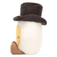 Meet the Jellycat Amuseables Boiled Egg Groom, a plush toy shaped like an egg with a yellow face, stylish black top hat, and brown shoes, pictured on a white background.