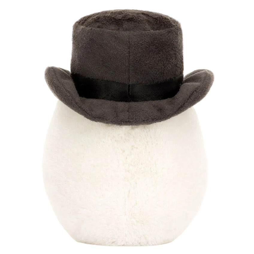 The Amuseables Boiled Egg Groom by Jellycat is a unique plush toy with a brown top hat and no visible facial features, shown against a white background.