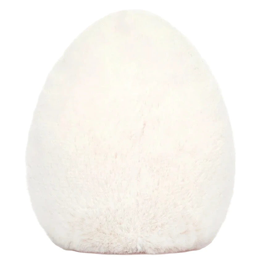 A large, egg-shaped stuffed toy with soft white fur from Jellycat, the Amuseables Boiled Egg Geek, photographed against a plain white background.