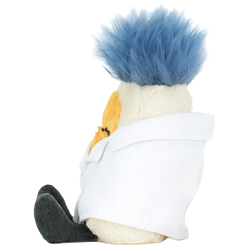 The Jellycat Amuseables Boiled Egg Scientist Outfit plush features a cute boiled egg in a white lab coat and black shoes, making it an adorable collectible for science toy fans. Shown in side profile on a white background.