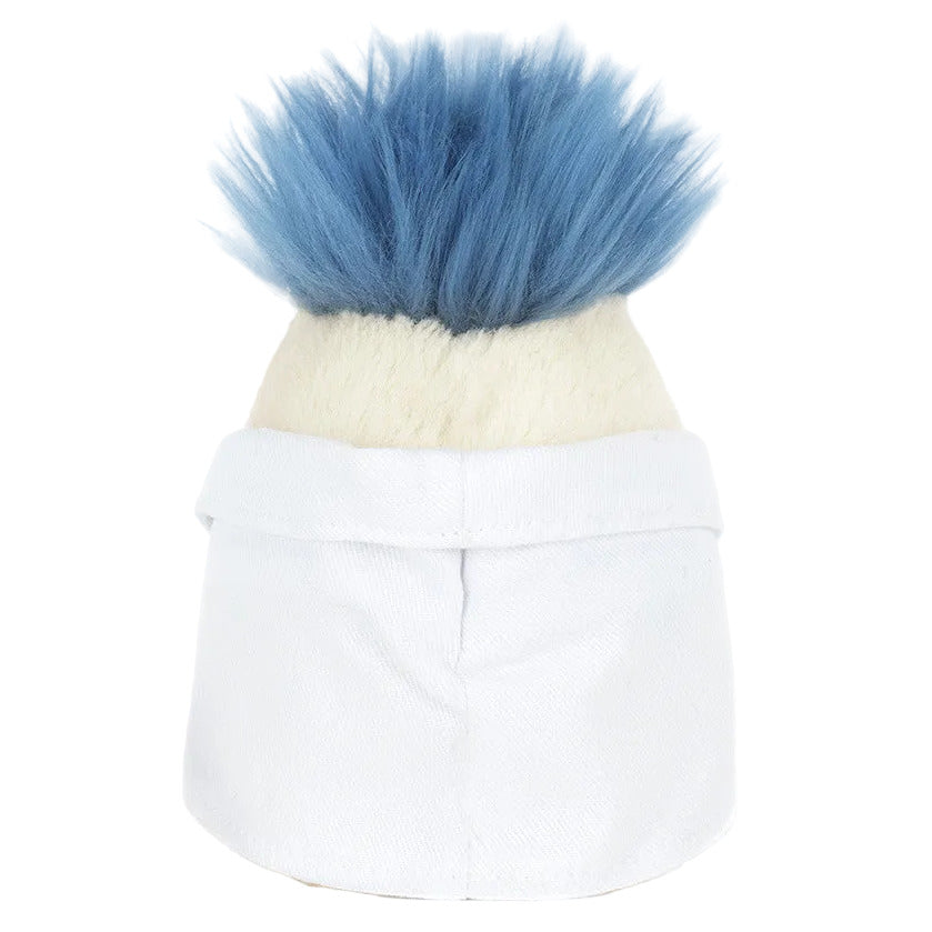 A Jellycat Amuseables Boiled Egg plush wears a scientist outfit with blue spiky hair and a white shirt, shown from the back.