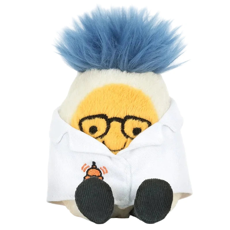 Jellycat’s Amuseables Boiled Egg Scientist Outfit plush toy features blue spiky hair, a yellow face, black glasses, white lab coat, and black shoes—an adorable companion for your collection.