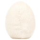 A soft, oval-shaped white plush toy, resembling a fuzzy egg, is shown standing upright against a plain white background. This charming item is the Jellycat Amuseables Boiled Egg Happy plush.