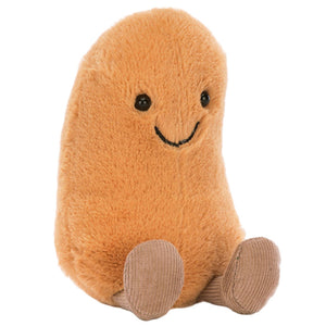 The Jellycat Amuseables Bean is a soft, plush toy shaped like a brown bean with black eyes, a stitched smile, and light brown corduroy feet—your cheeky companion for cozy cuddles.