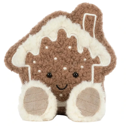 Jellycat Amuseables Molasi Cookie plush gingerbread house with white icing detail, dark eyes, and a smiling face.