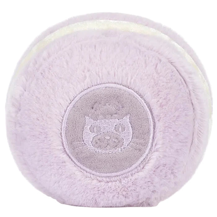 The Amuseables May Macaron - Lavender by Jellycat is a round, plush toy in light purple with a soft, furry texture and an embroidered cat face detail.