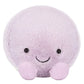 The Jellycat Amuseables May Macaron - Lavender is a round, plush toy with light purple fur, small black eyes, a stitched smile, and two small feet at the front.