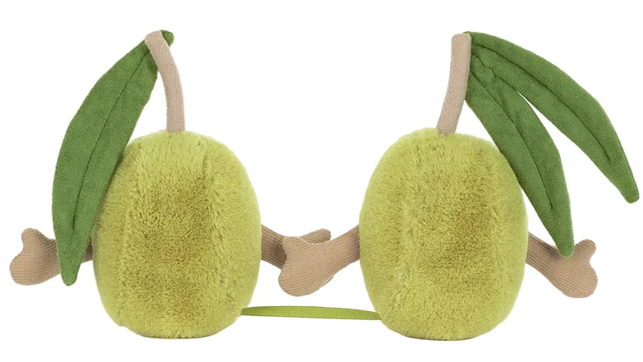 Two round, green Jellycat Amuseables Pair of Olives plush toys with brown stems, green leaves, and small brown arms sit side by side like best friends against a white background.