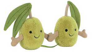 The Jellycat Amuseables Pair of Olives features two plush green olives with smiling faces, soft brown arms, and leaf accents connected by a green string—the perfect cuddly best friend for any child.