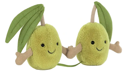 The Jellycat Amuseables Pair of Olives features two plush green olives with smiling faces, soft brown arms, and leaf accents connected by a green string—the perfect cuddly best friend for any child.