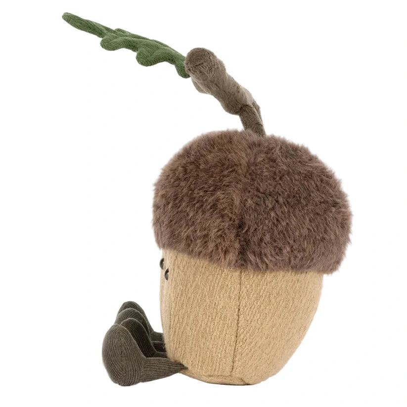 The Jellycat Amuseables Ort & Tum Acorns plush toy features a fuzzy brown cap, textured beige body, green stem, and dark green legs—ideal for fans of adorable plush collectibles.