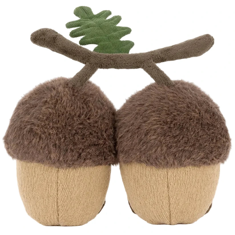 Jellycat Amuseables Ort & Tum Acorns plush toy features two acorn shapes with fuzzy brown tops, beige bases, and a green felt leaf on a brown stem.