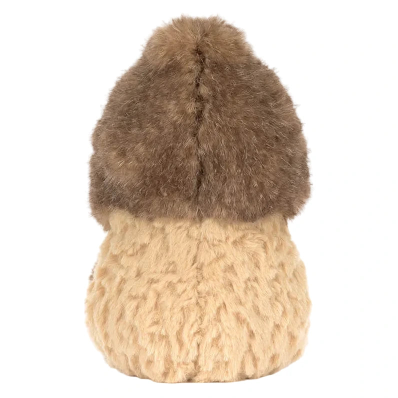 A plush toy in brown and beige, shaped like a morel mushroom and styled playfully in the spirit of Jellycat’s Amuseables Peanut Yeti Outfit, shown from the back against a white background.