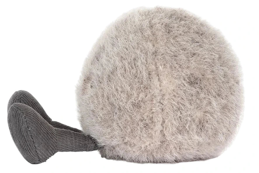 Amuseables Pebble by Jellycat is a round, fluffy, light gray plush with two dark gray "ears" or limbs, resting against a white background—ready to be your dependable, active companion.