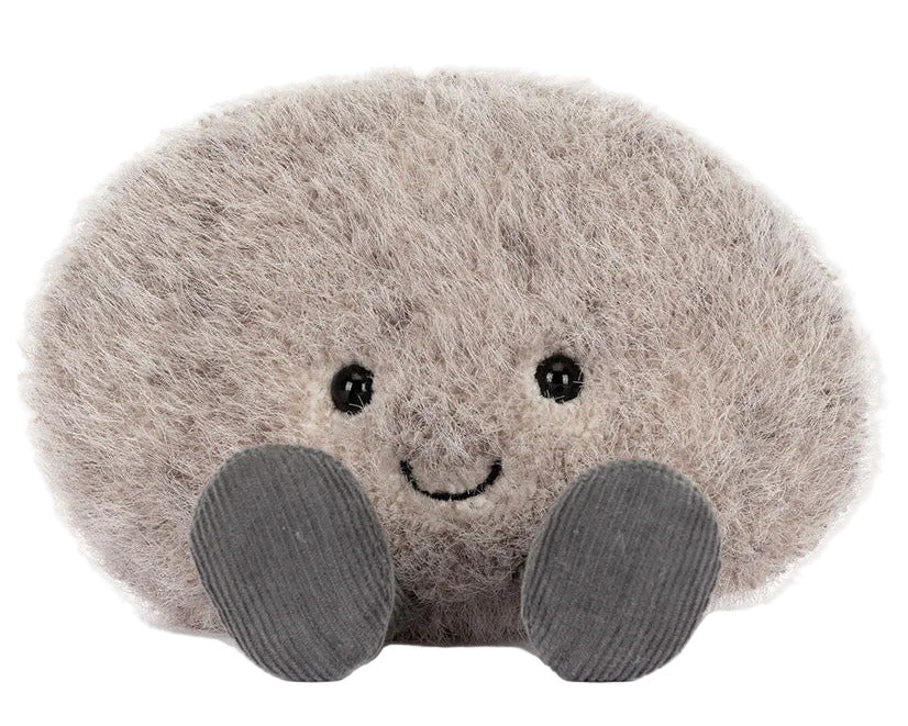 Jellycat’s Amuseables Pebble is a round, fluffy, light gray plush toy with black eyes, a smiling mouth, and two flat gray feet—a delightful companion for active adventures and cozy moments alike.