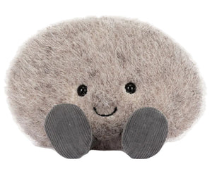 Jellycat’s Amuseables Pebble is a round, fluffy, light gray plush toy with black eyes, a smiling mouth, and two flat gray feet—a delightful companion for active adventures and cozy moments alike.