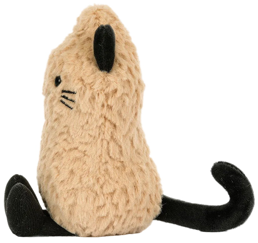 The Jellycat Amuseables Peanut ‘Cat’ is an adorable plush featuring tan fur with black ears, tail, and feet, along with stitched facial features as it sits upright against a white background.