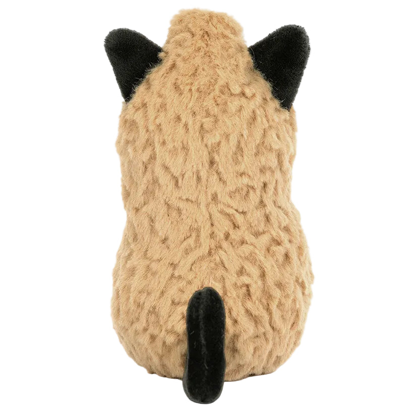 A plush toy from Jellycat, the Amuseables Peanut ‘Cat’, is shown from the back with tan fur, black ears, and a black tail—perfectly capturing all the charm of this adorable stuffed animal.