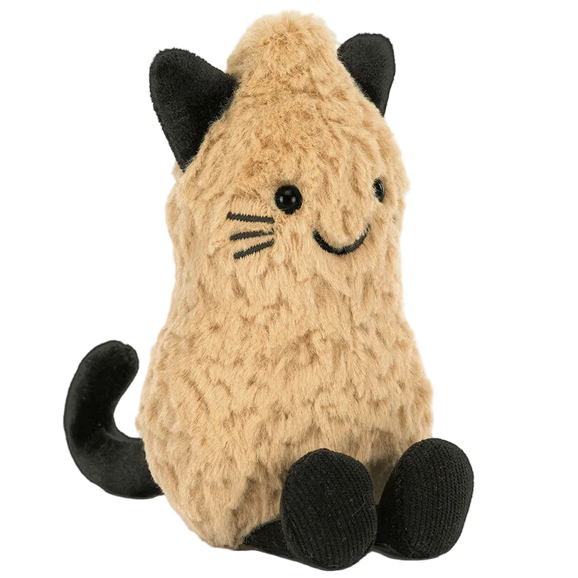 Meet the Amuseables Peanut ‘Cat’ by Jellycat—a plush toy with tan fur, black ears, feet, and tail, featuring a simple stitched face and whiskers. Sitting upright on a white background, this delightful stuffed animal is the perfect companion for cozy cuddles.