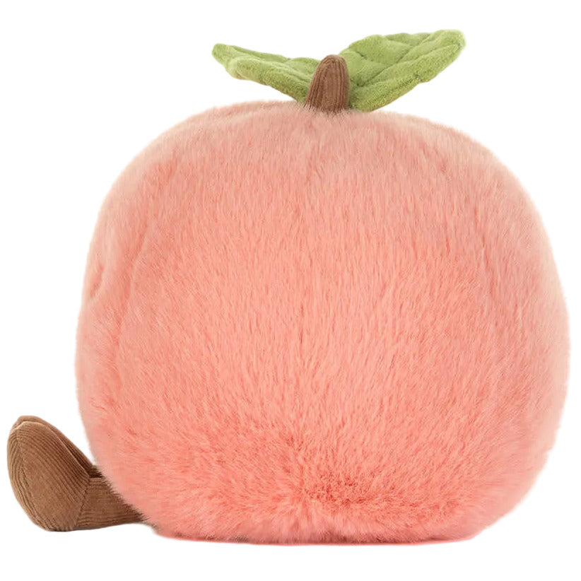 The Jellycat Amuseables Peach, a plush toy with pink fur, green leaf, and brown stem and tail, is shown against a white background.