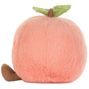 The Jellycat Amuseables Peach, a plush toy with pink fur, green leaf, and brown stem and tail, is shown against a white background.