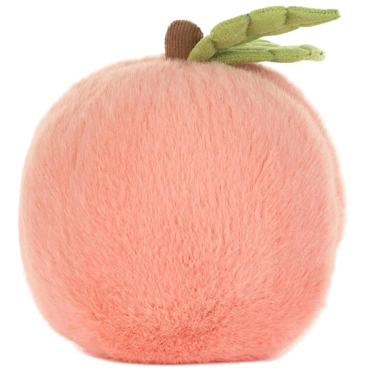 Meet the adorable Jellycat Amuseables Peach—a round, plush toy with a fuzzy pink surface, brown stem, and two green leaves on top.