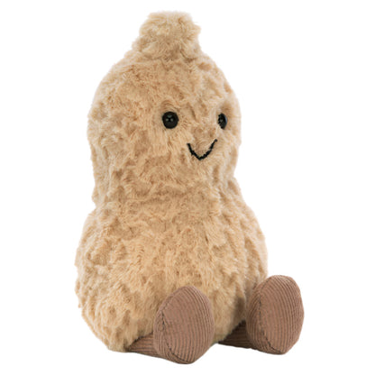The Jellycat Amuseables Peanut is a plush toy with a soft beige shell, black eyes, stitched smile, and milk chocolate boots, sitting upright against a white background.