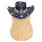 The Jellycat Amuseables Peanut Space Rodeo Outfit plush is shown from the back, featuring its beige textured fur and a dark galaxy-patterned cowboy hat.