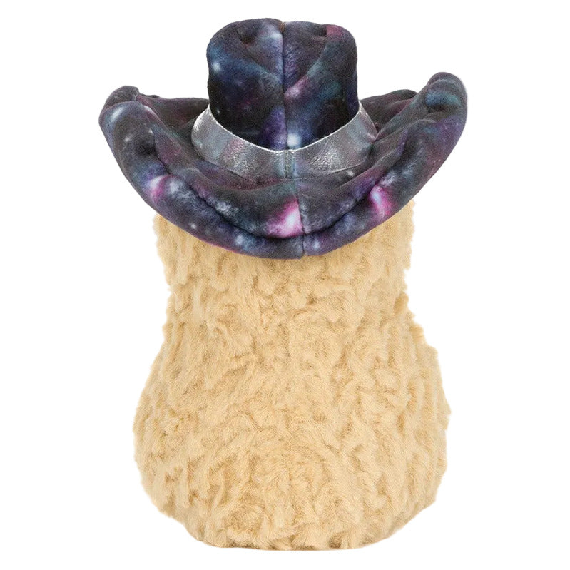The Jellycat Amuseables Peanut Space Rodeo Outfit plush is shown from the back, featuring its beige textured fur and a dark galaxy-patterned cowboy hat.