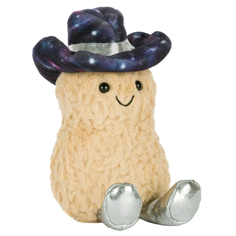 The Jellycat Amuseables Peanut Space Rodeo Outfit plush features a smiling face, a galaxy-patterned cowboy hat, and shiny silver boots.