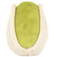 A plush toy by Jellycat, Amuseables Horatio Pistachio, featuring a light green center and cream-colored, furry sides, resembling the back view of a pistachio slice.