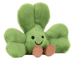 Explore the Jellycat Amuseables Siofra Shamrock, a plush toy shaped like a green clover with a cheerful face and brown feet, perfect for adding charm to any space.