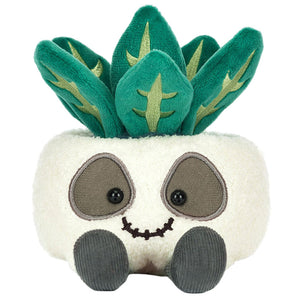 Jellycat’s Amuseables Skull Planter plush features a white square shape with embroidered face, gray feet, and green leaf details—an adorable Halloween accent or playful addition to any planter.