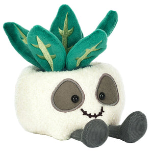 The Jellycat Amuseables Skull Planter is a plush toy featuring a smiling white skull with gray eyes, gray feet, and green leafy plants on top—an adorable Halloween planter decoration.