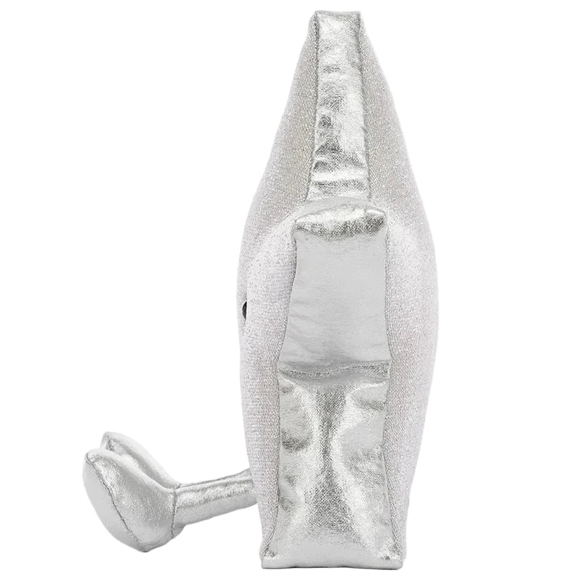 Side view of Jellycat Amuseables Silver Star, a plush toy with shiny silver fabric—showing one eye and a point—an adorable winter gift.