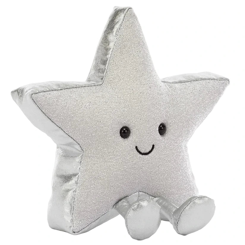 The Jellycat Amuseables Silver Star is a plush toy with a smiling face and little legs, sitting upright against a white background—an ideal winter gift.