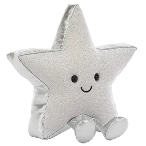 The Jellycat Amuseables Silver Star is a plush toy with a smiling face and little legs, sitting upright against a white background—an ideal winter gift.