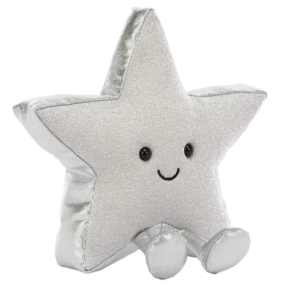 The Jellycat Amuseables Silver Star is a plush toy with a smiling face and little legs, sitting upright against a white background—an ideal winter gift.