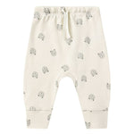 The Quincy Mae Baby Drawstring Pant is made from organic brushed jersey and features an all-over print of small gray bear faces.