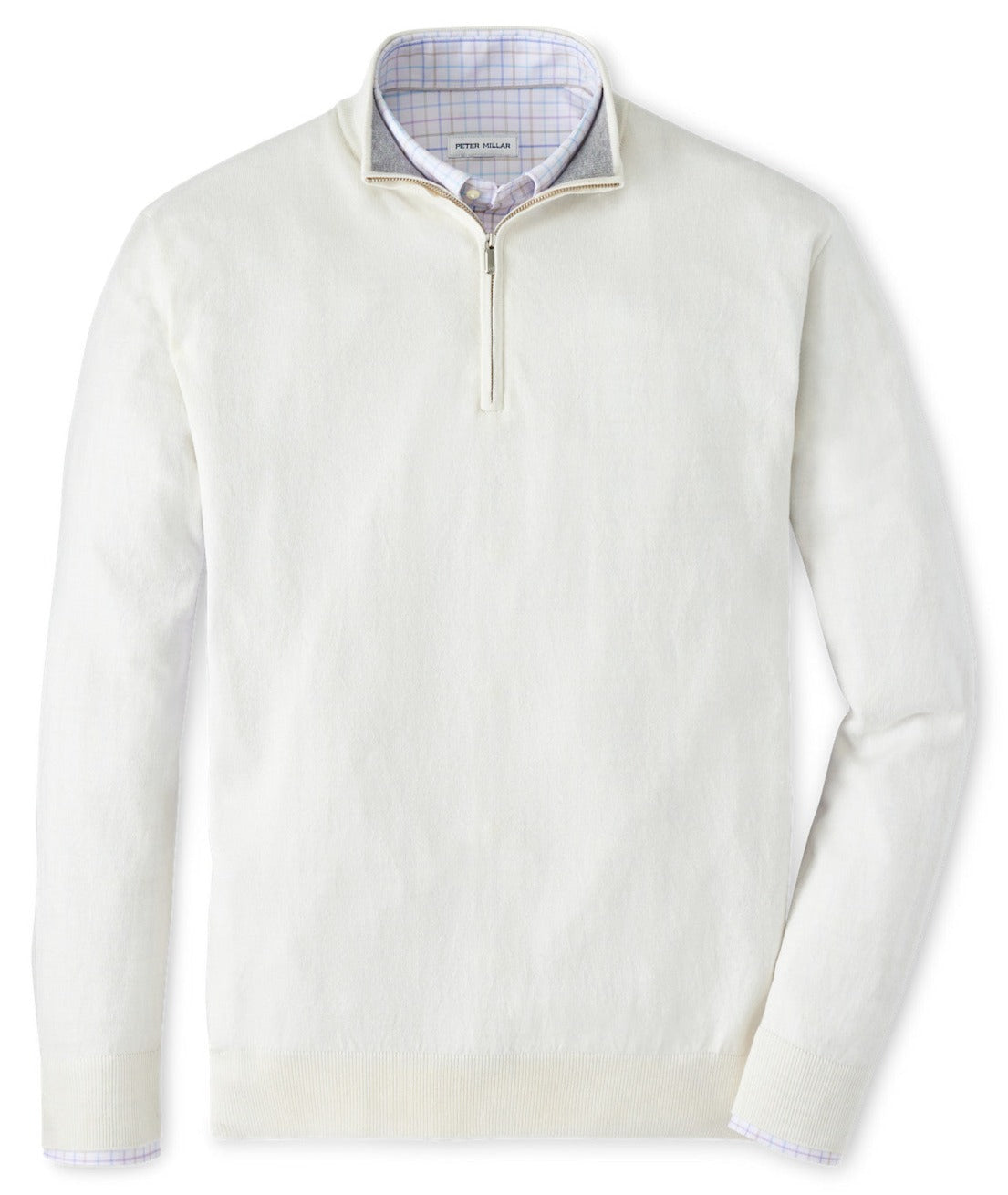 A Peter Millar Whitaker Quarter-Zip Sweater in a cream-colored cotton-Tencel blend, layered over a light checkered dress shirt with a standing collar.