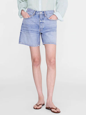 Wearing the Anine Bing Delaney Short—relaxed, wide-leg, high-rise denim—a person pairs it with a light blue button-up shirt and brown sandals, standing hands-in-pockets against a plain background.