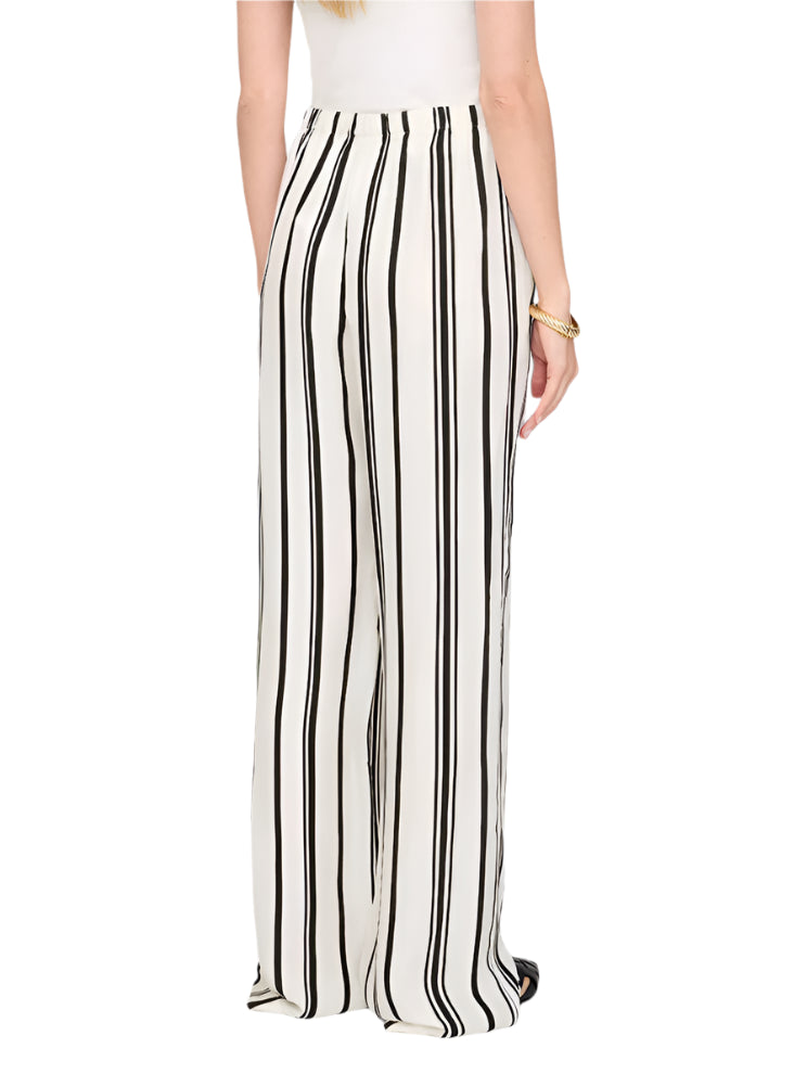 Someone wears the Elain Pant Monogram by Anine Bing—a high-waisted, wide-leg style in a lightweight cupro blend with ivory and black stripes—shown from the back.