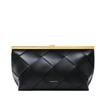 Introducing the Anine Bing Anine Braided Leather Clutch—a black braided leather clutch bag with a gold metal frame and signature “Anine Bing” branding on the front. This statement piece features a sculptural silhouette, bringing modern sophistication to any ensemble.