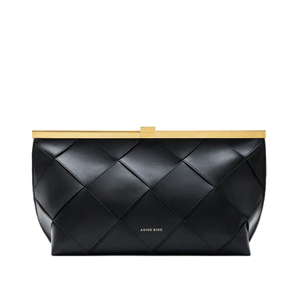 Introducing the Anine Bing Anine Braided Leather Clutch—a black braided leather clutch bag with a gold metal frame and signature “Anine Bing” branding on the front. This statement piece features a sculptural silhouette, bringing modern sophistication to any ensemble.