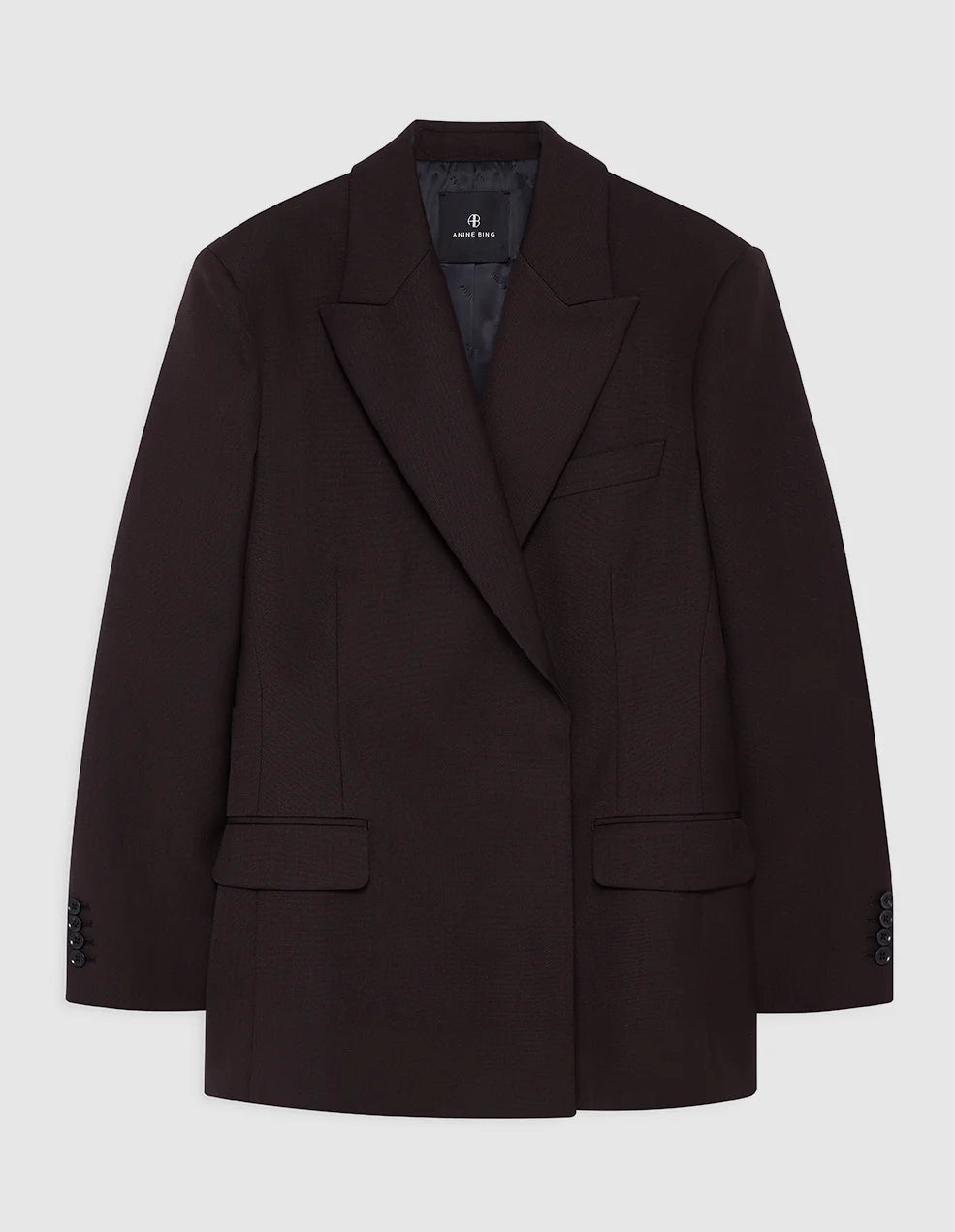 The Aretha Blazer by Anine Bing is a dark brown wool tuxedo blazer with a slim hourglass fit, notched collar, chest pocket, two front flap pockets, and buttoned cuffs, shown against a plain background.