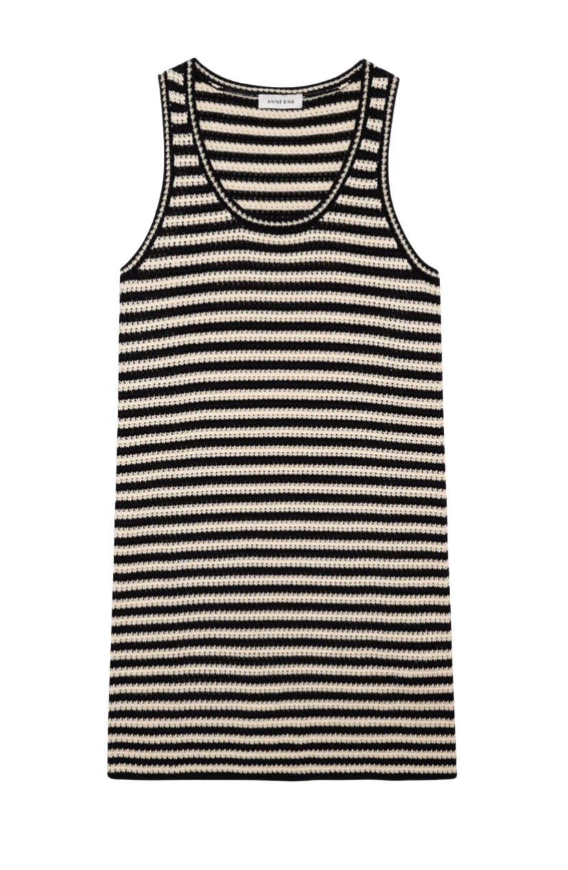 The Arie Dress by Anine Bing is a sleeveless knit tank dress with black and white horizontal stripes, shown laid flat on a white background.