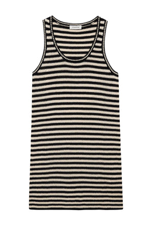The Arie Dress by Anine Bing is a sleeveless knit tank dress with black and white horizontal stripes, shown laid flat on a white background.